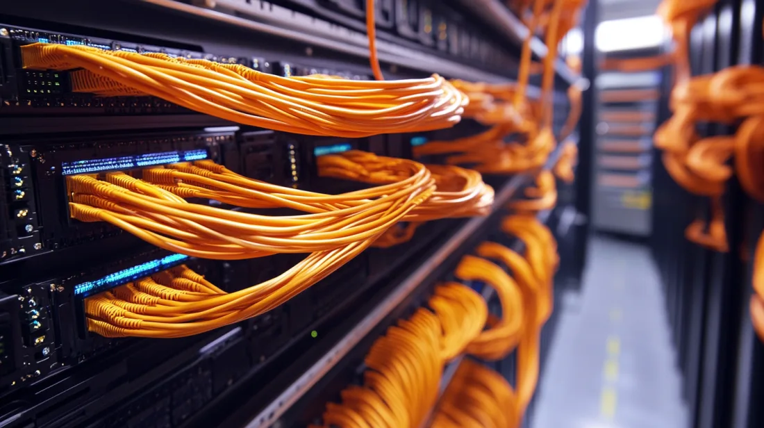 Bundles of orange fibre cables running along server racks in a data centre