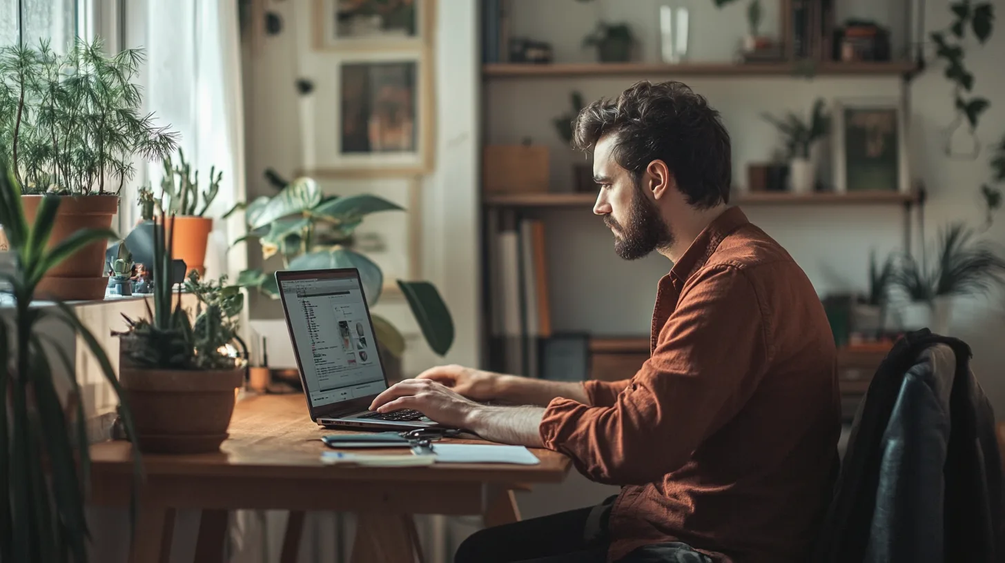 A man works on a laptop at a wooden desk in a plant-filled room