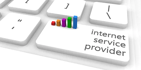 A white keyboard key labelled “internet service provider” beside a small bar chart