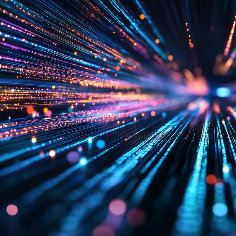 Streaks of blue and orange light rushing through darkness like fibre-optic strands