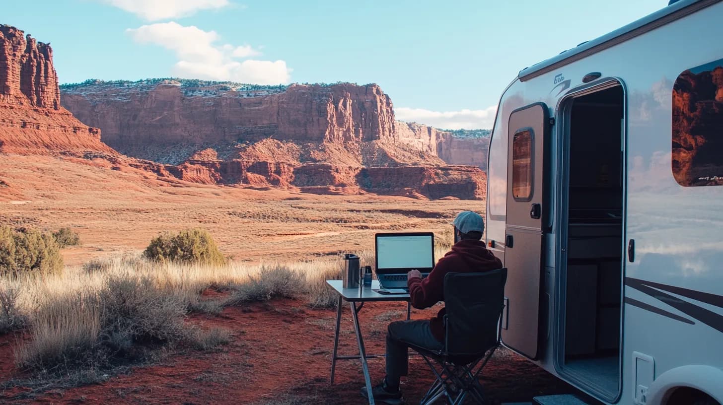 A person works at a folding table outside an RV parked before red desert cliffs
