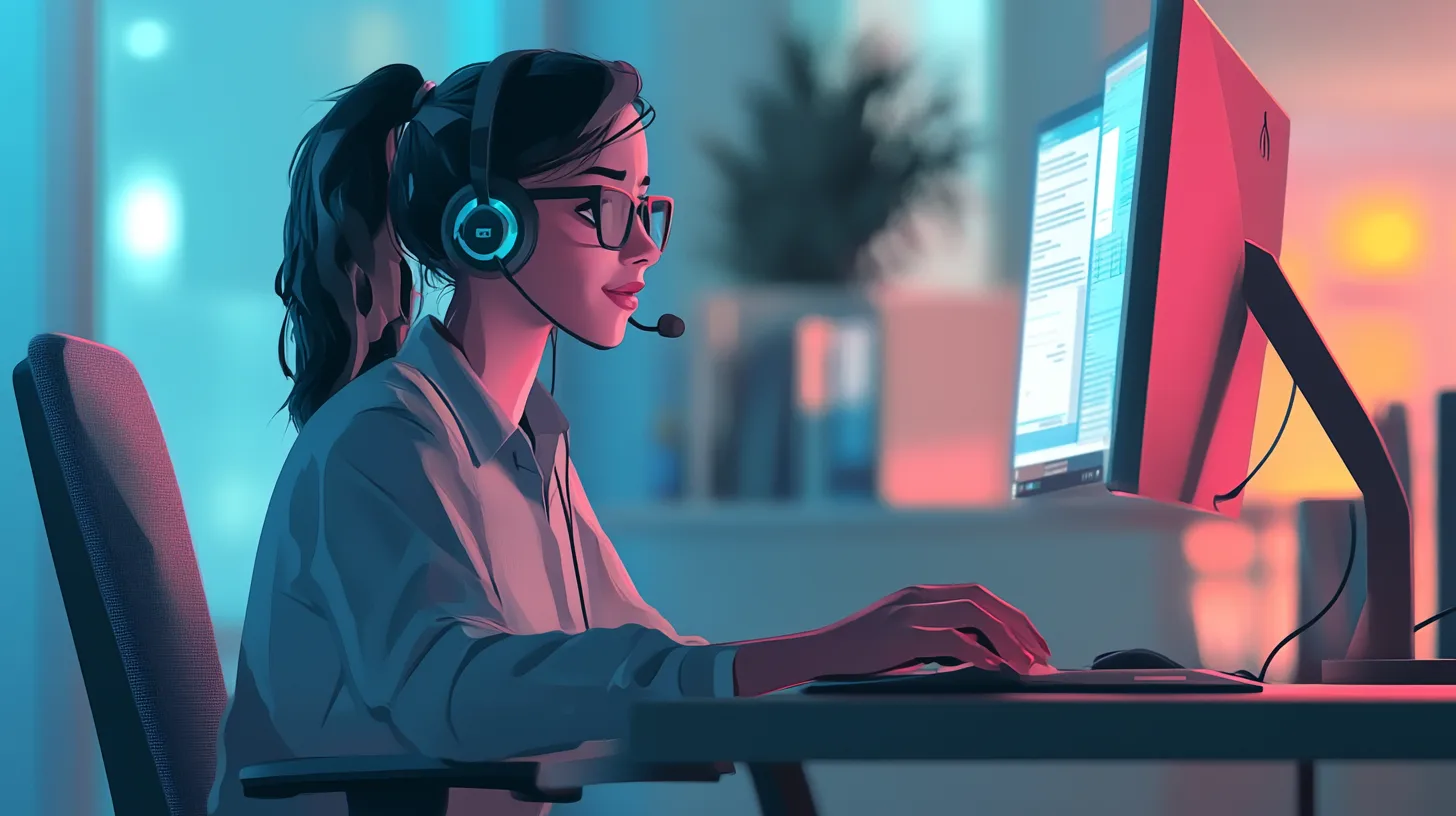 An illustrated support agent in a headset works at a monitor in a blue-lit office
