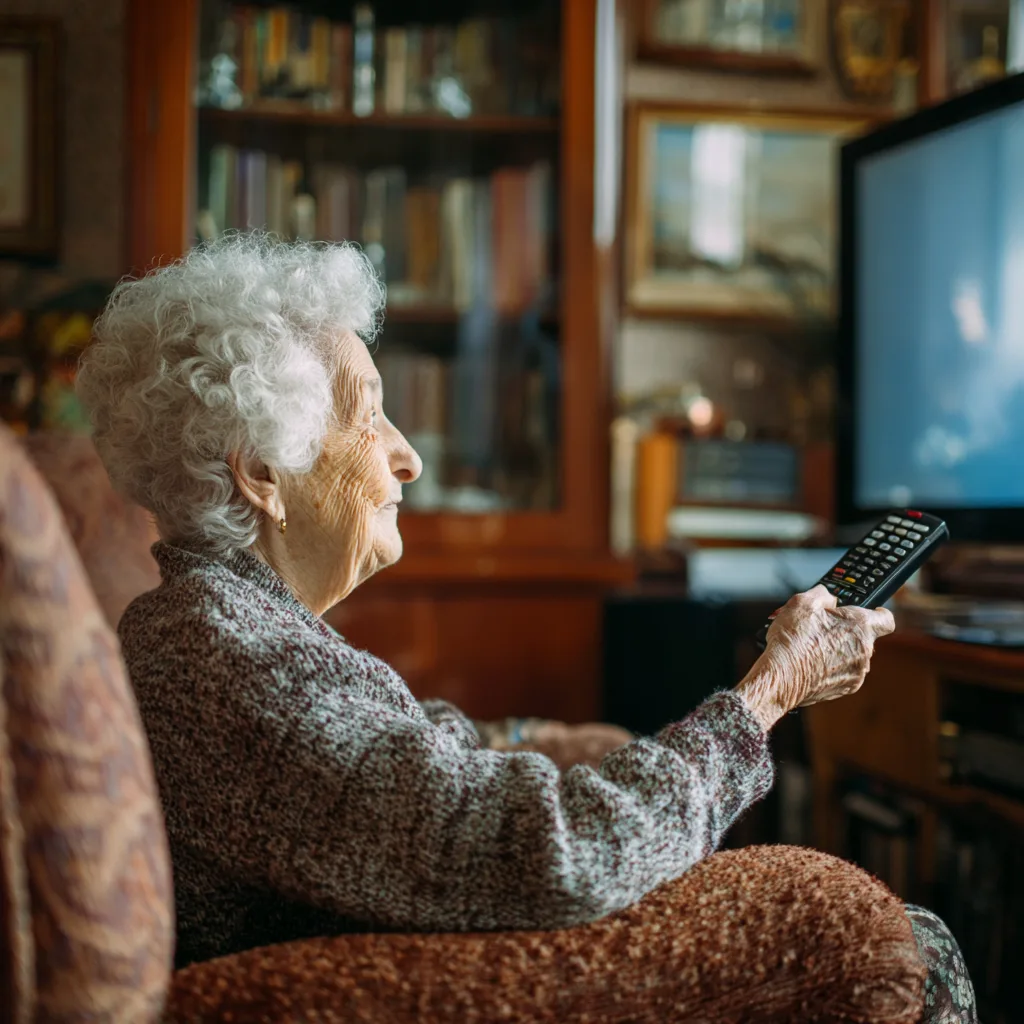 An older woman in an armchair points a remote at a television in a book-lined room
