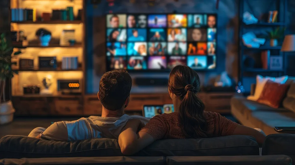 A couple on a sofa face a large TV showing a grid of streaming thumbnails